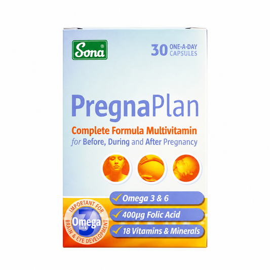Sona PregnaPlan Complete Formula Multivitamin box, 30 capsules